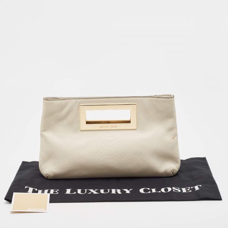 Pre Owned MICHAEL Michael Kors Off-White Snakeskin Embossed Leather Top Handle Frame Clutch