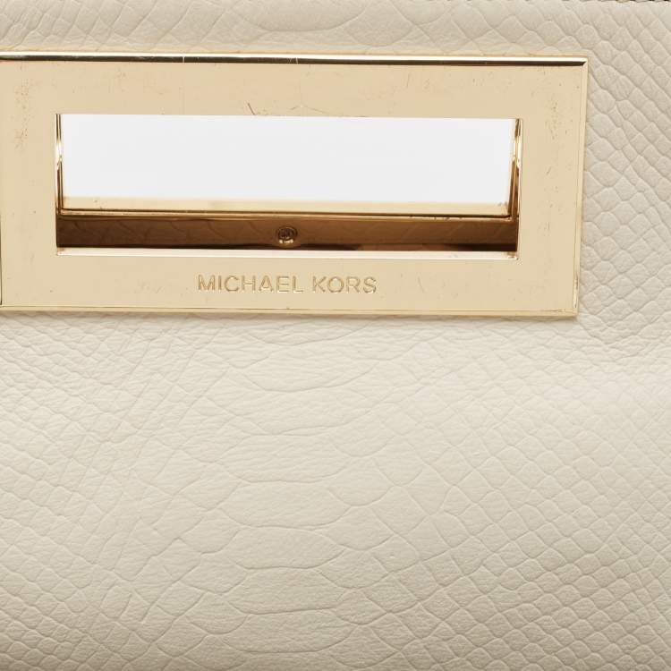 Pre Owned MICHAEL Michael Kors Off-White Snakeskin Embossed Leather Top Handle Frame Clutch