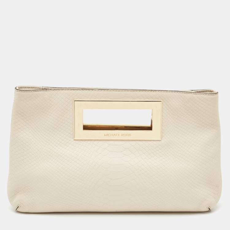 Pre Owned MICHAEL Michael Kors Off-White Snakeskin Embossed Leather Top Handle Frame Clutch
