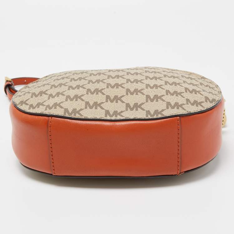 Pre Owned MICHAEL Michael Kors Orange/Beige Signature Coated Canvas and Leather Ginny Crossbody Bag