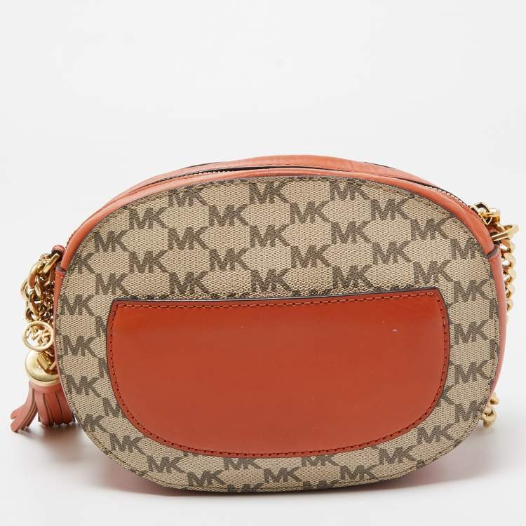 Pre Owned MICHAEL Michael Kors Orange/Beige Signature Coated Canvas and Leather Ginny Crossbody Bag