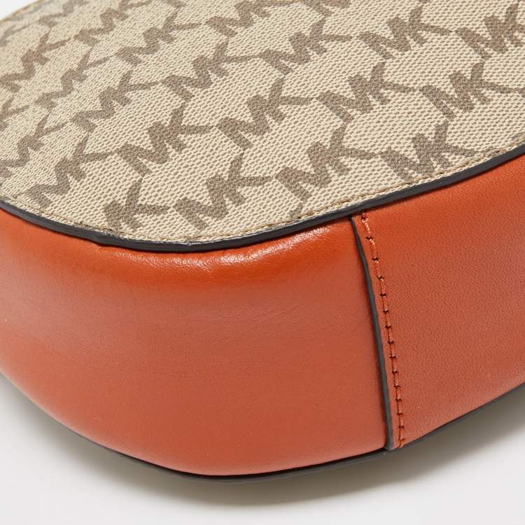 Pre Owned MICHAEL Michael Kors Orange/Beige Signature Coated Canvas and Leather Ginny Crossbody Bag