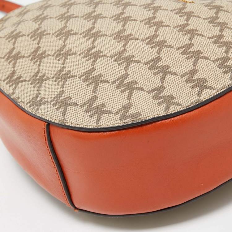 Pre Owned MICHAEL Michael Kors Orange/Beige Signature Coated Canvas and Leather Ginny Crossbody Bag