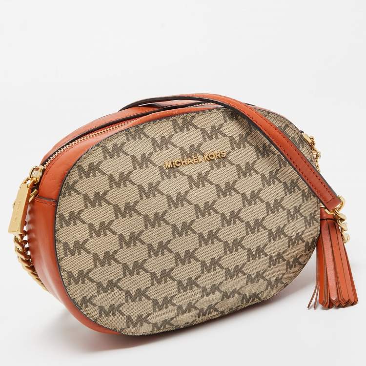 Pre Owned MICHAEL Michael Kors Orange/Beige Signature Coated Canvas and Leather Ginny Crossbody Bag