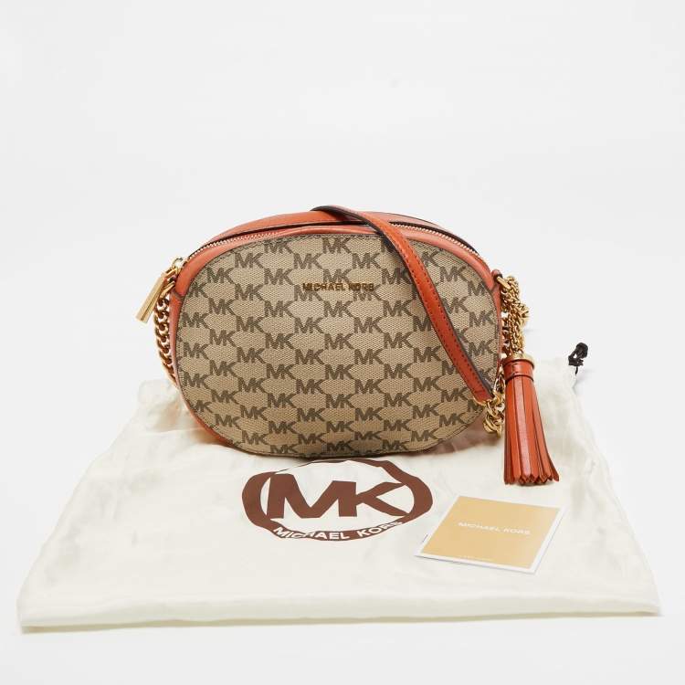 Pre Owned MICHAEL Michael Kors Orange/Beige Signature Coated Canvas and Leather Ginny Crossbody Bag