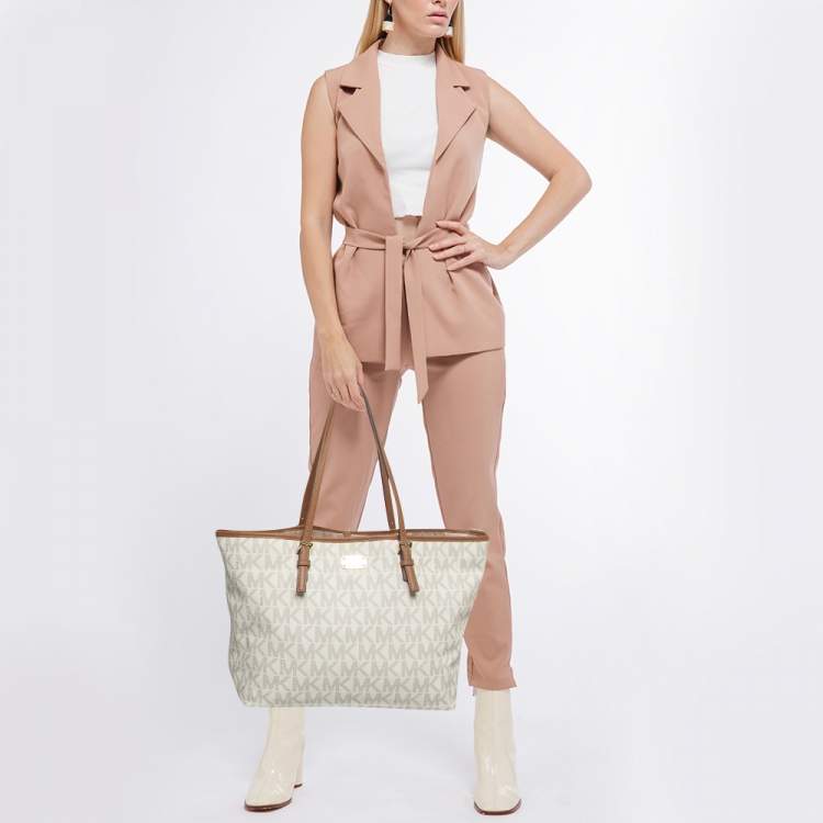 Pre Owned MICHAEL Michael Brown/Off White Signature Coated Canvas Large Jet Set Travel Tote