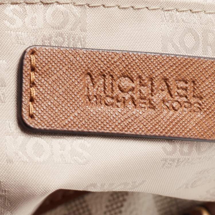 Pre Owned MICHAEL Michael Brown/Off White Signature Coated Canvas Large Jet Set Travel Tote