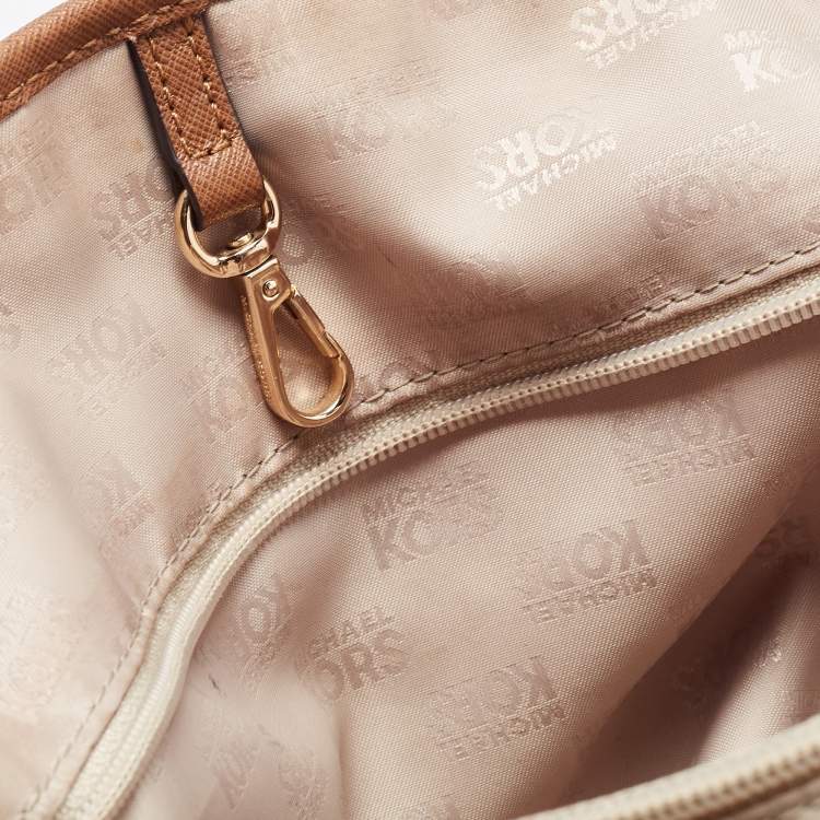 Pre Owned MICHAEL Michael Brown/Off White Signature Coated Canvas Large Jet Set Travel Tote