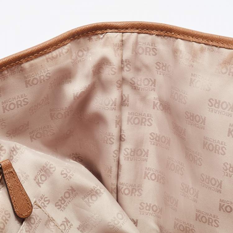 Pre Owned MICHAEL Michael Brown/Off White Signature Coated Canvas Large Jet Set Travel Tote