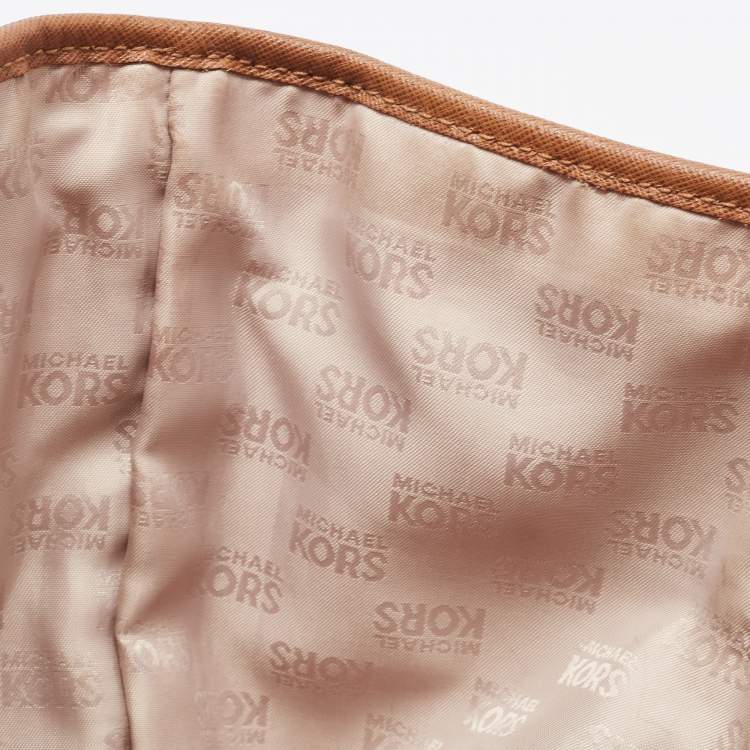 Pre Owned MICHAEL Michael Brown/Off White Signature Coated Canvas Large Jet Set Travel Tote
