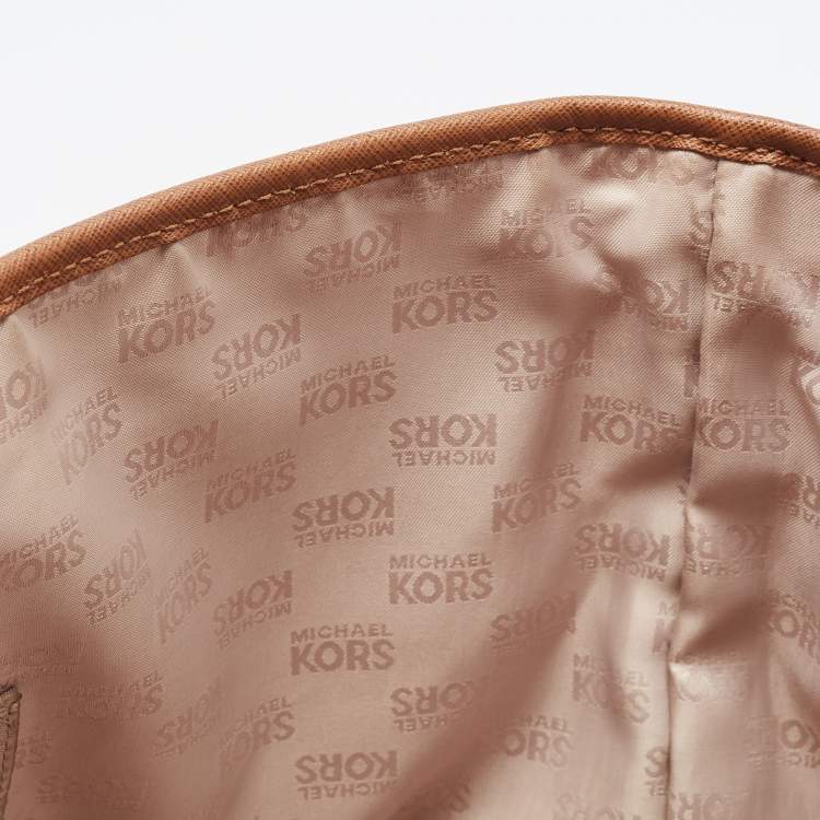 Pre Owned MICHAEL Michael Brown/Off White Signature Coated Canvas Large Jet Set Travel Tote