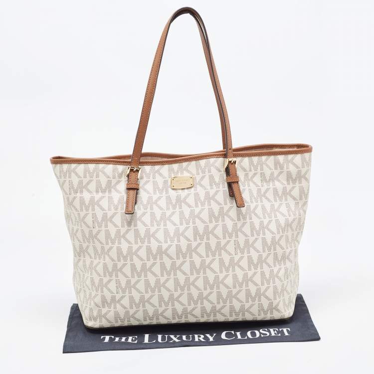 Pre Owned MICHAEL Michael Brown/Off White Signature Coated Canvas Large Jet Set Travel Tote