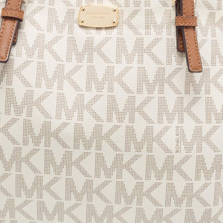 Pre Owned MICHAEL Michael Brown/Off White Signature Coated Canvas Large Jet Set Travel Tote