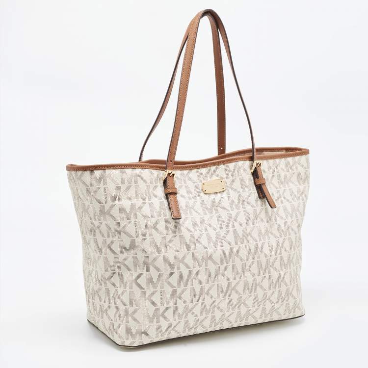 Pre Owned MICHAEL Michael Brown/Off White Signature Coated Canvas Large Jet Set Travel Tote