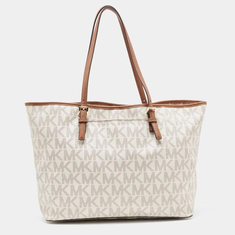 Pre Owned MICHAEL Michael Brown/Off White Signature Coated Canvas Large Jet Set Travel Tote