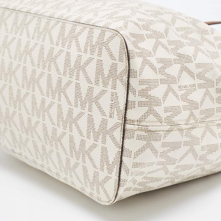 Pre Owned MICHAEL Michael Brown/Off White Signature Coated Canvas Large Jet Set Travel Tote