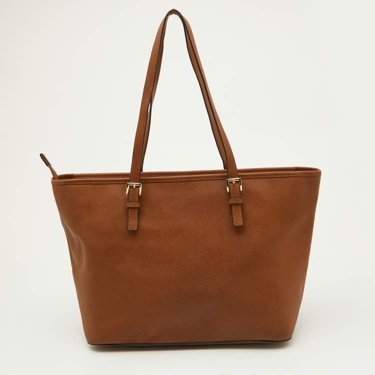 Pre Owned MICHAEL Michael Kors Brown Leather Medium Zip Jet Set Travel Tote