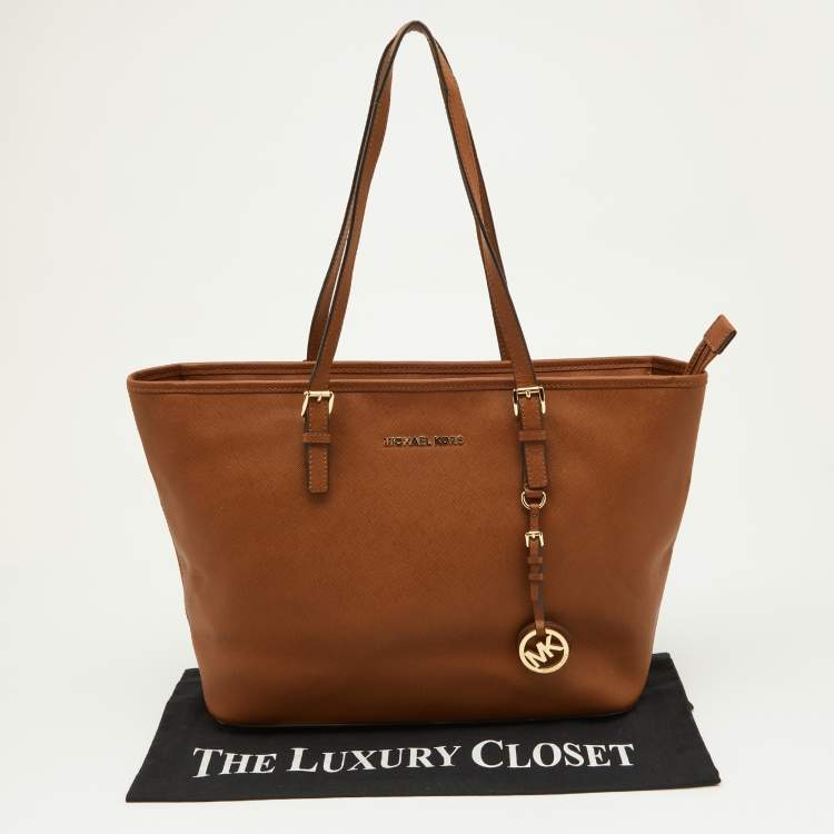 Pre Owned MICHAEL Michael Kors Brown Leather Medium Zip Jet Set Travel Tote