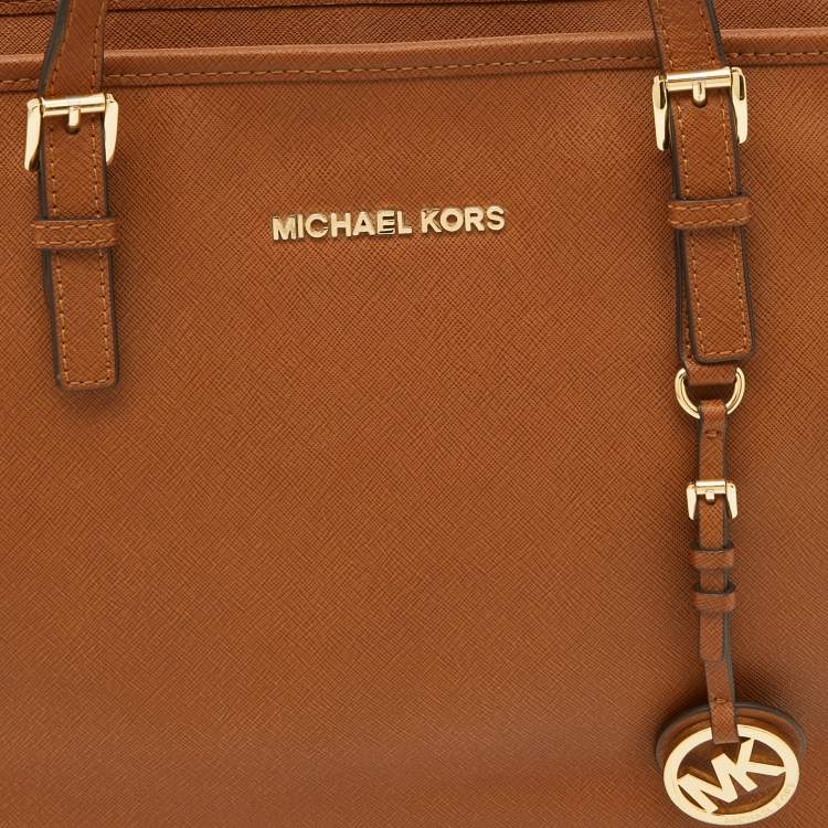 Pre Owned MICHAEL Michael Kors Brown Leather Medium Zip Jet Set Travel Tote