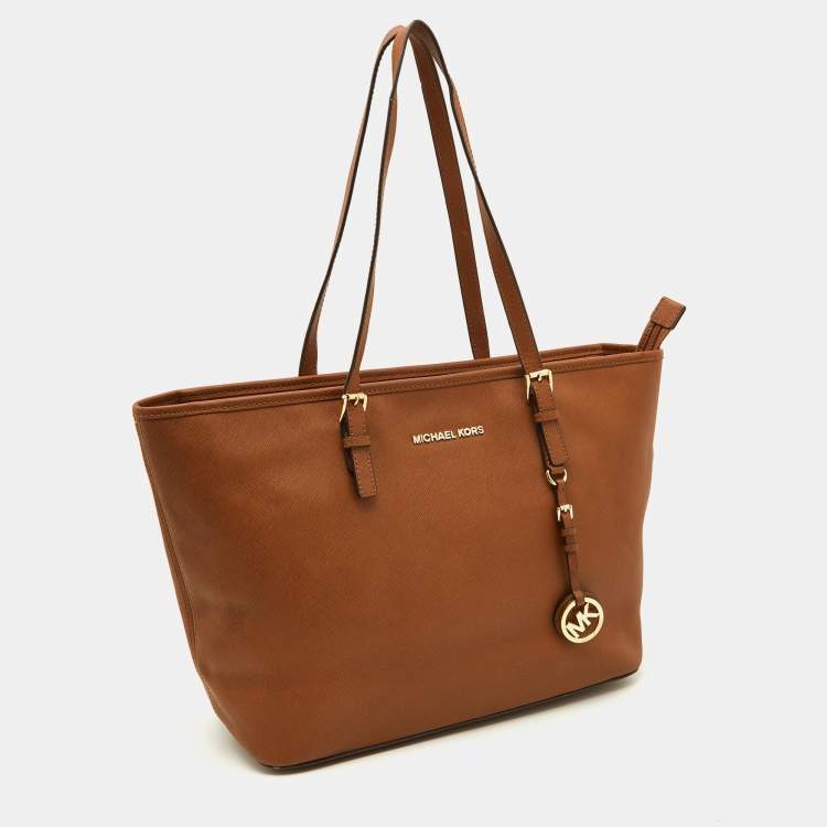 Pre Owned MICHAEL Michael Kors Brown Leather Medium Zip Jet Set Travel Tote