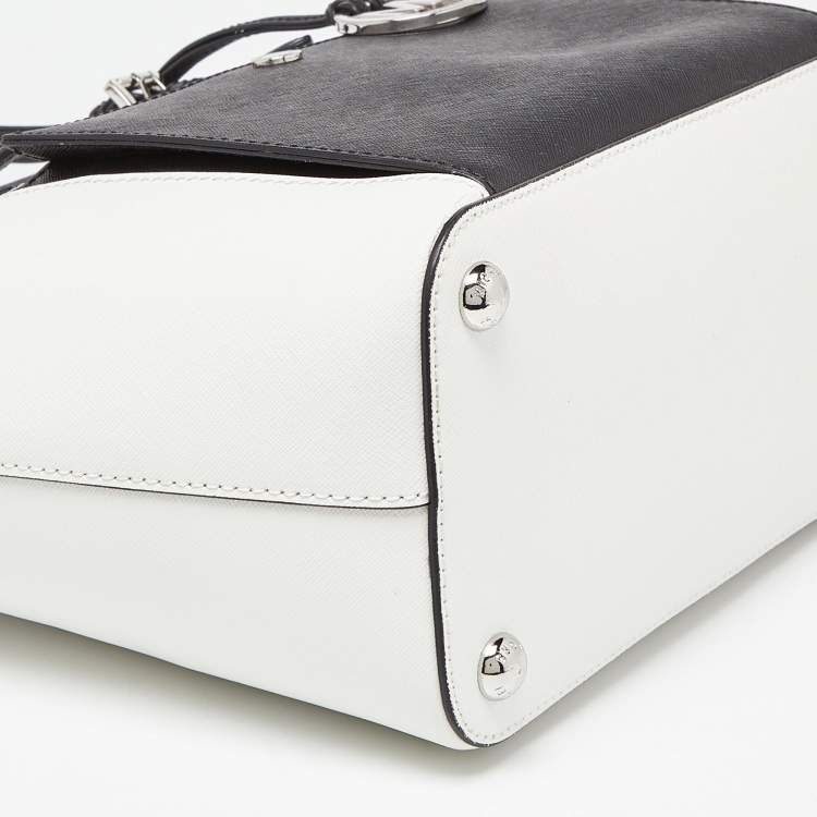 Pre Owned MICHAEL Michael Kors White/Black Leather Jet Set Snap Pocket Tote