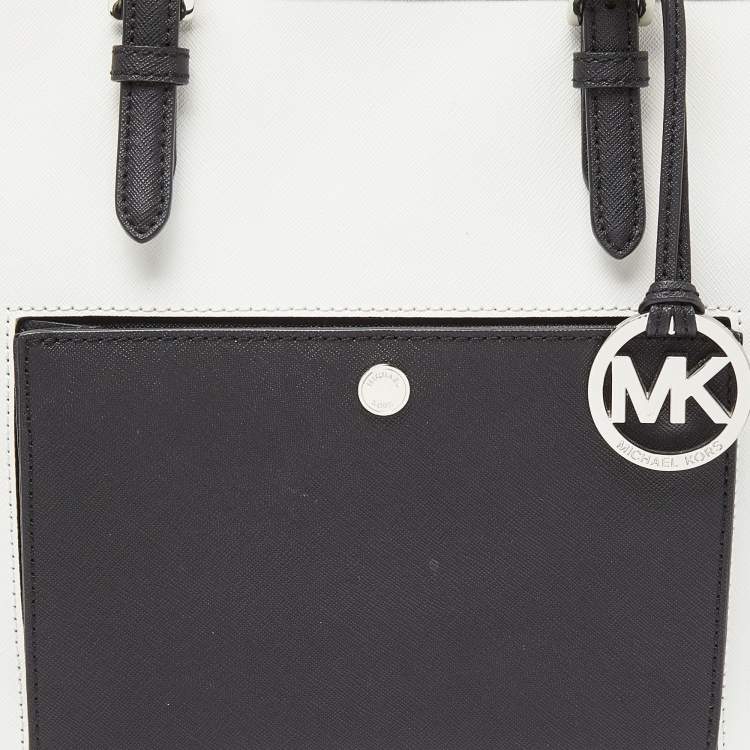 Pre Owned MICHAEL Michael Kors White/Black Leather Jet Set Snap Pocket Tote