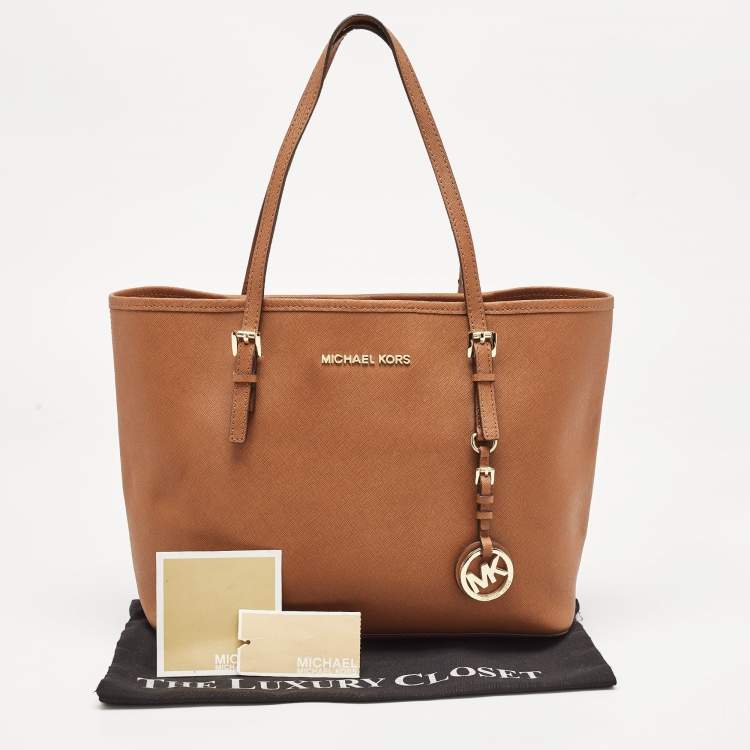 Pre Owned MICHAEL Michael Kors Brown Saffiano Leather Small Jet Set Travel Tote