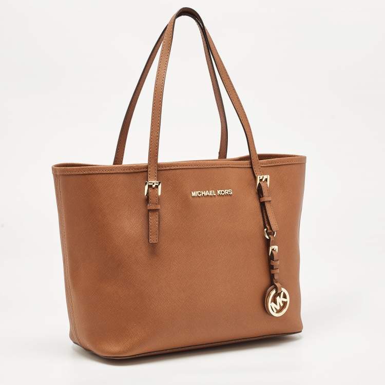 Pre Owned MICHAEL Michael Kors Brown Saffiano Leather Small Jet Set Travel Tote