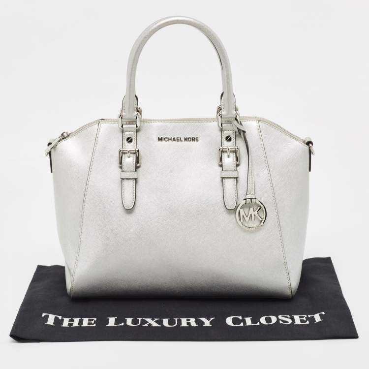 Pre Owned MICHAEL Michael Kors Silver Leather Large Ciara Satchel