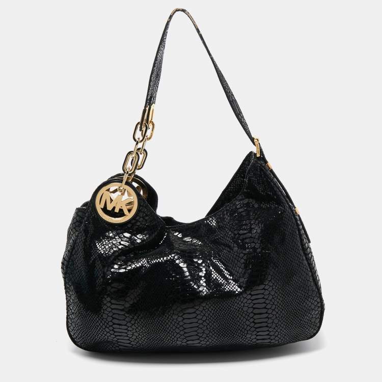Pre Owned MICHAEL Michael Kors Black Snakeskin Embossed Leather Fulton Slouchy Hobo