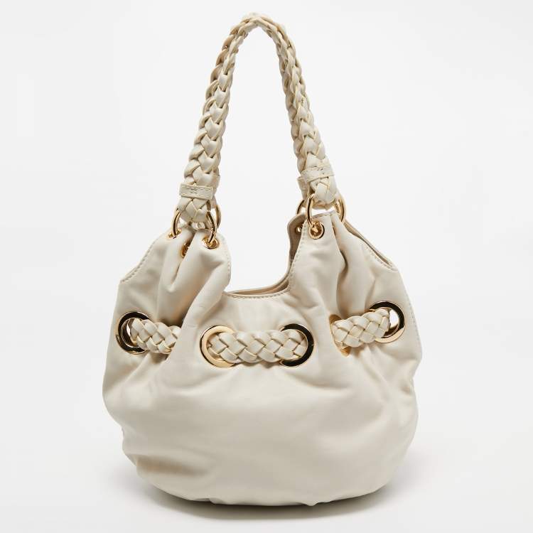 Pre Owned MICHAEL Michael Kors White Leather Woven Drawstring Hobo