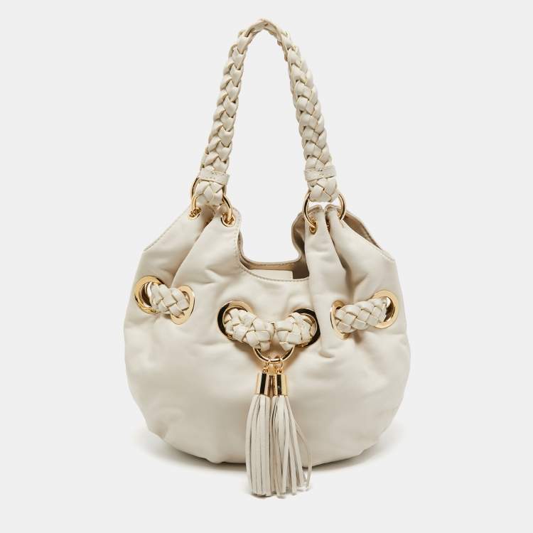 Pre Owned MICHAEL Michael Kors White Leather Woven Drawstring Hobo