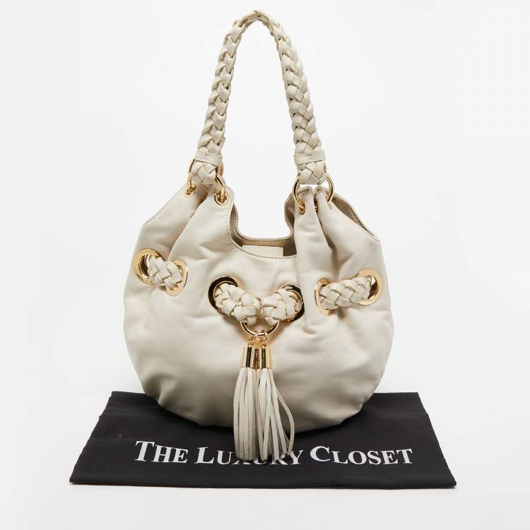 Pre Owned MICHAEL Michael Kors White Leather Woven Drawstring Hobo