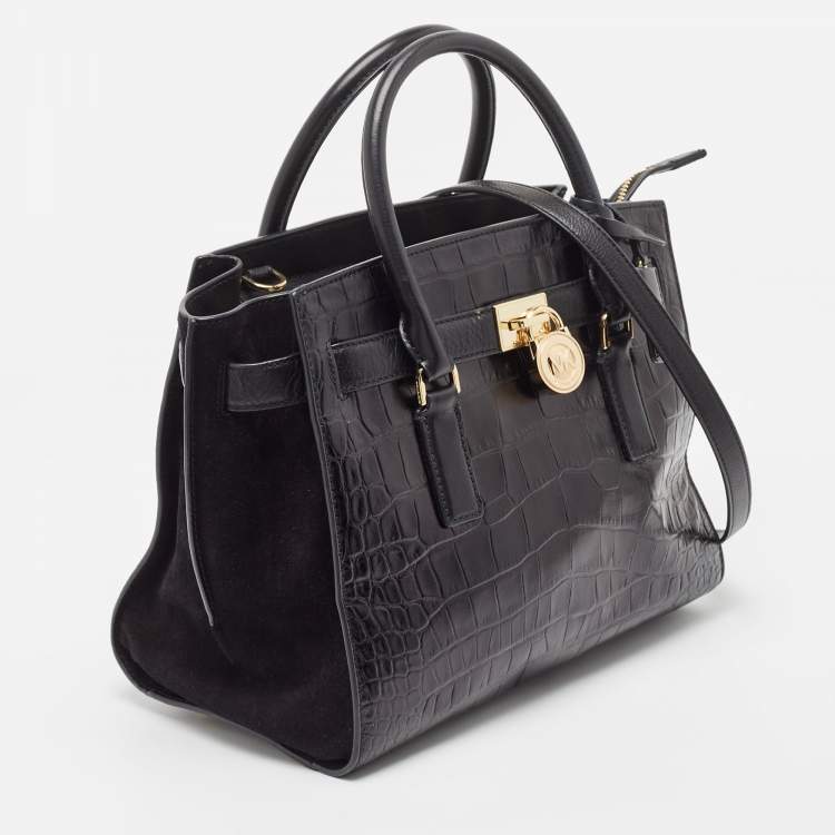 Pre Owned MICHAEL Michael Kors Black Croc Embossed Leather Hamilton Tote