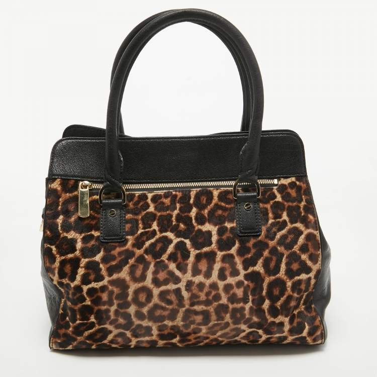 Pre Owned MICHAEL Michael Kors Black/Brown Leopard Print Calfhair and Leather Astrid Tote