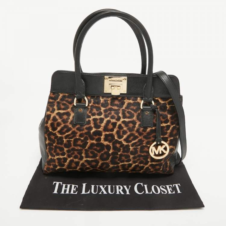 Pre Owned MICHAEL Michael Kors Black/Brown Leopard Print Calfhair and Leather Astrid Tote