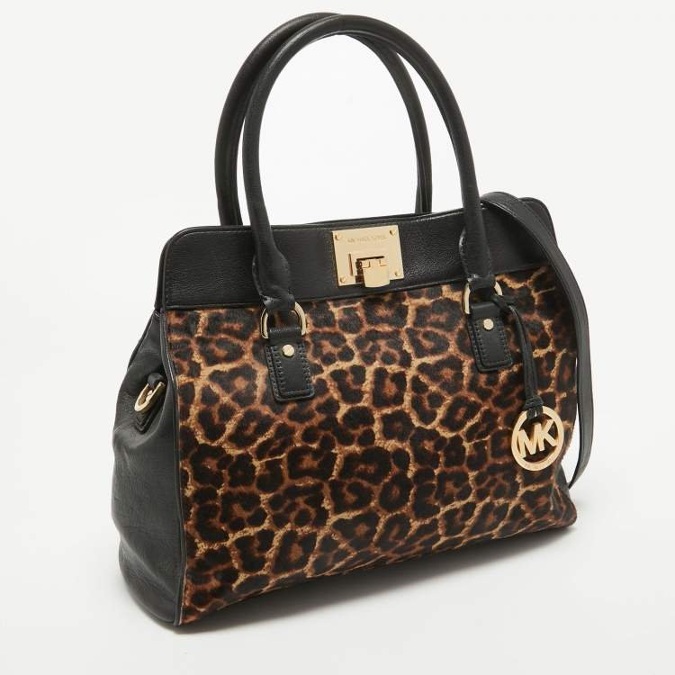 Pre Owned MICHAEL Michael Kors Black/Brown Leopard Print Calfhair and Leather Astrid Tote