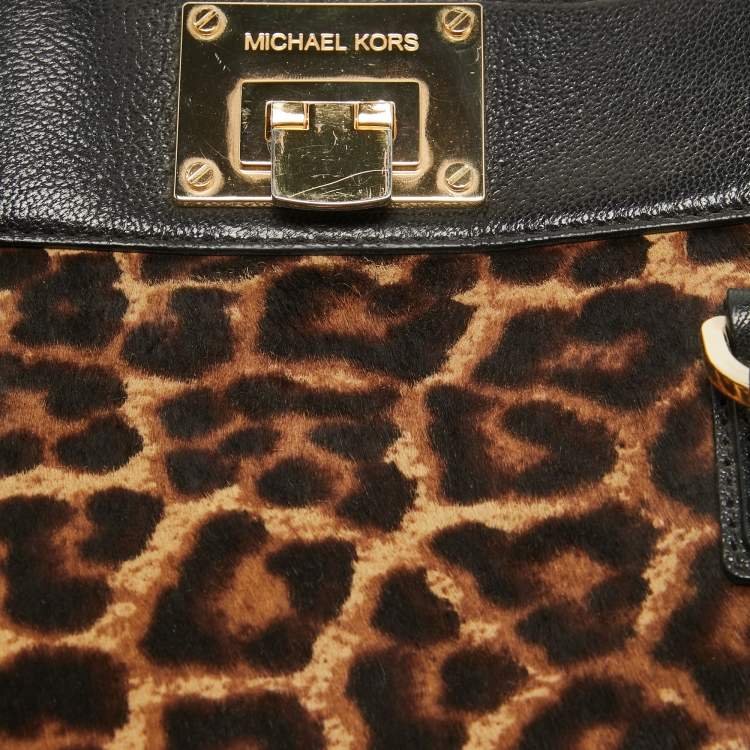 Pre Owned MICHAEL Michael Kors Black/Brown Leopard Print Calfhair and Leather Astrid Tote