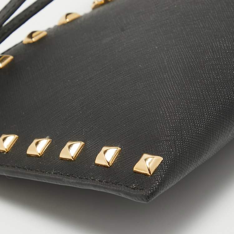 Pre Owned MICHAEL Michael Kors Black Leather Studded Logo Wristlet Pouch