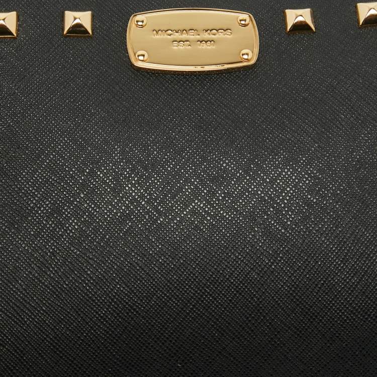 Pre Owned MICHAEL Michael Kors Black Leather Studded Logo Wristlet Pouch