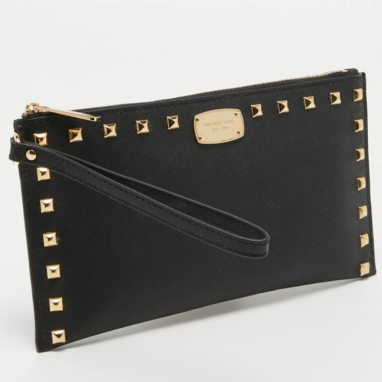 Pre Owned MICHAEL Michael Kors Black Leather Studded Logo Wristlet Pouch
