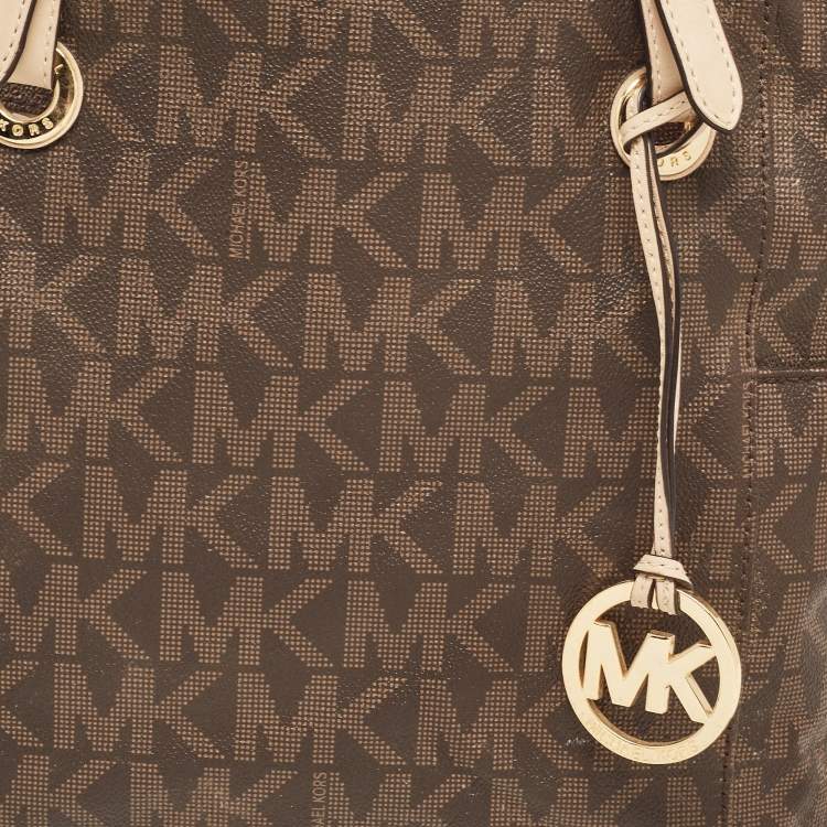 Pre Owned MICHAEL Michael Kors Dark Brown Signature Coated Canvas and Leather Jet Set Tote