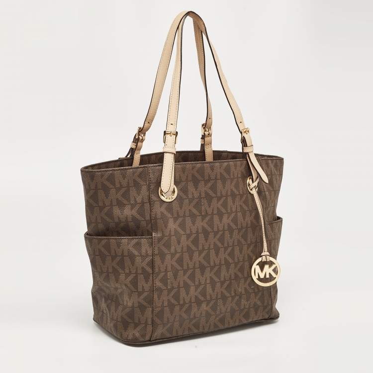 Pre Owned MICHAEL Michael Kors Dark Brown Signature Coated Canvas and Leather Jet Set Tote