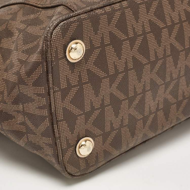 Pre Owned MICHAEL Michael Kors Dark Brown Signature Coated Canvas and Leather Jet Set Tote