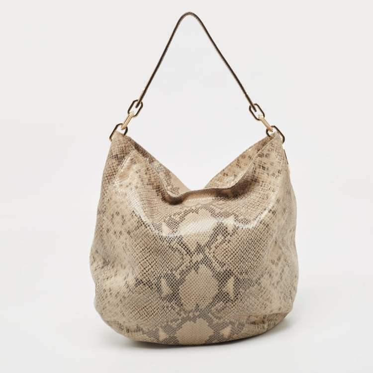 Pre Owned MICHAEL Michael Kors Beige Python Effect Suede Fulton Hobo