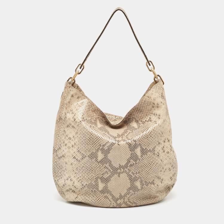 Pre Owned MICHAEL Michael Kors Beige Python Effect Suede Fulton Hobo