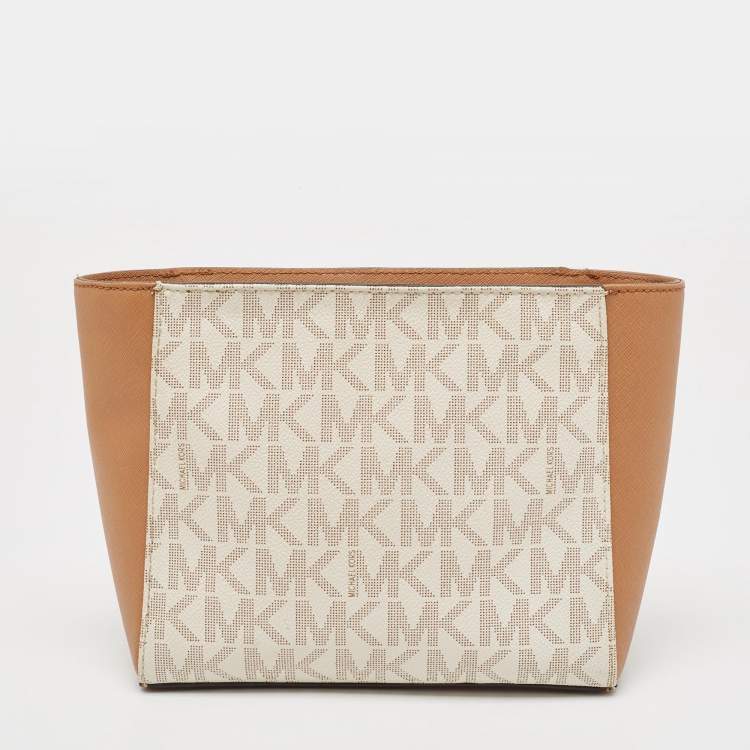 Pre Owned MICHAEL Michael Kors Tan/White Signature Coated Canvas Hamilton Crossbody Bag