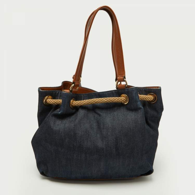 Pre Owned MICHAEL Michael Kors Navy Blue/Brown Denim and Leather Marina Drawstring Bucket Bag