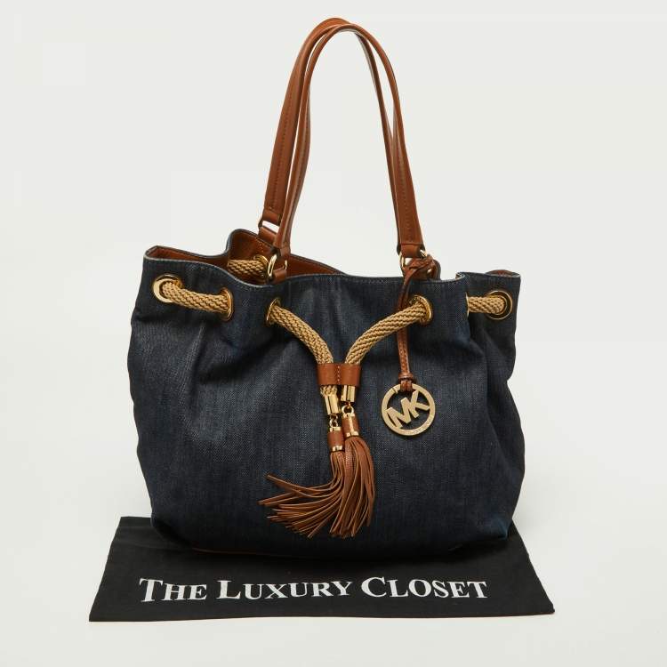Pre Owned MICHAEL Michael Kors Navy Blue/Brown Denim and Leather Marina Drawstring Bucket Bag