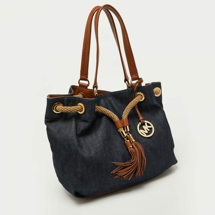 Pre Owned MICHAEL Michael Kors Navy Blue/Brown Denim and Leather Marina Drawstring Bucket Bag